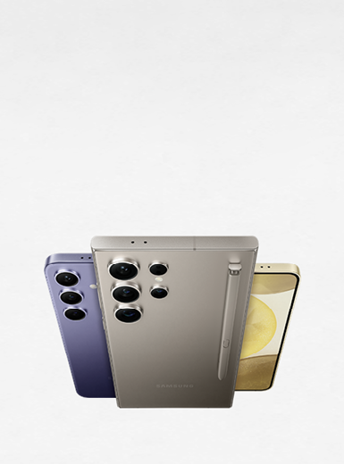 The image features three Galaxy S24 phones in different colors.